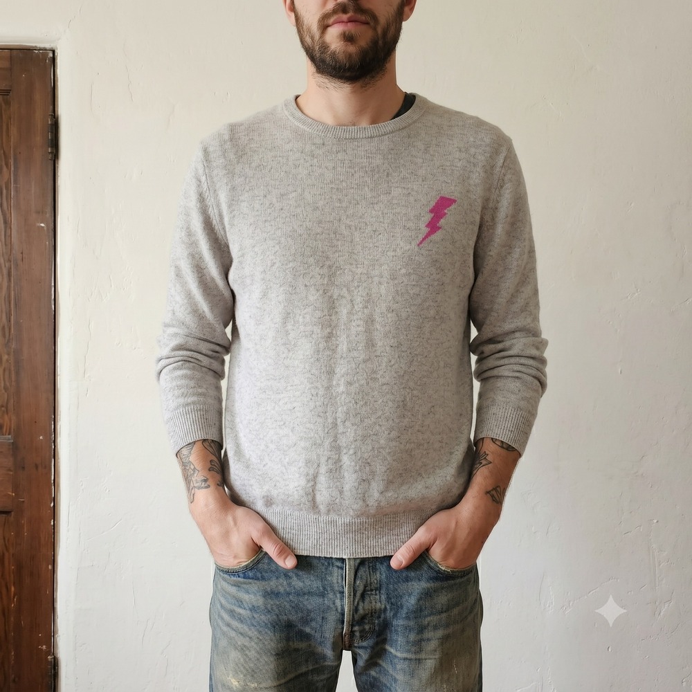 McCarren & Sons Mens Sweater XL Gray Cashmere Lightning Bolt Crew Neck Luxe